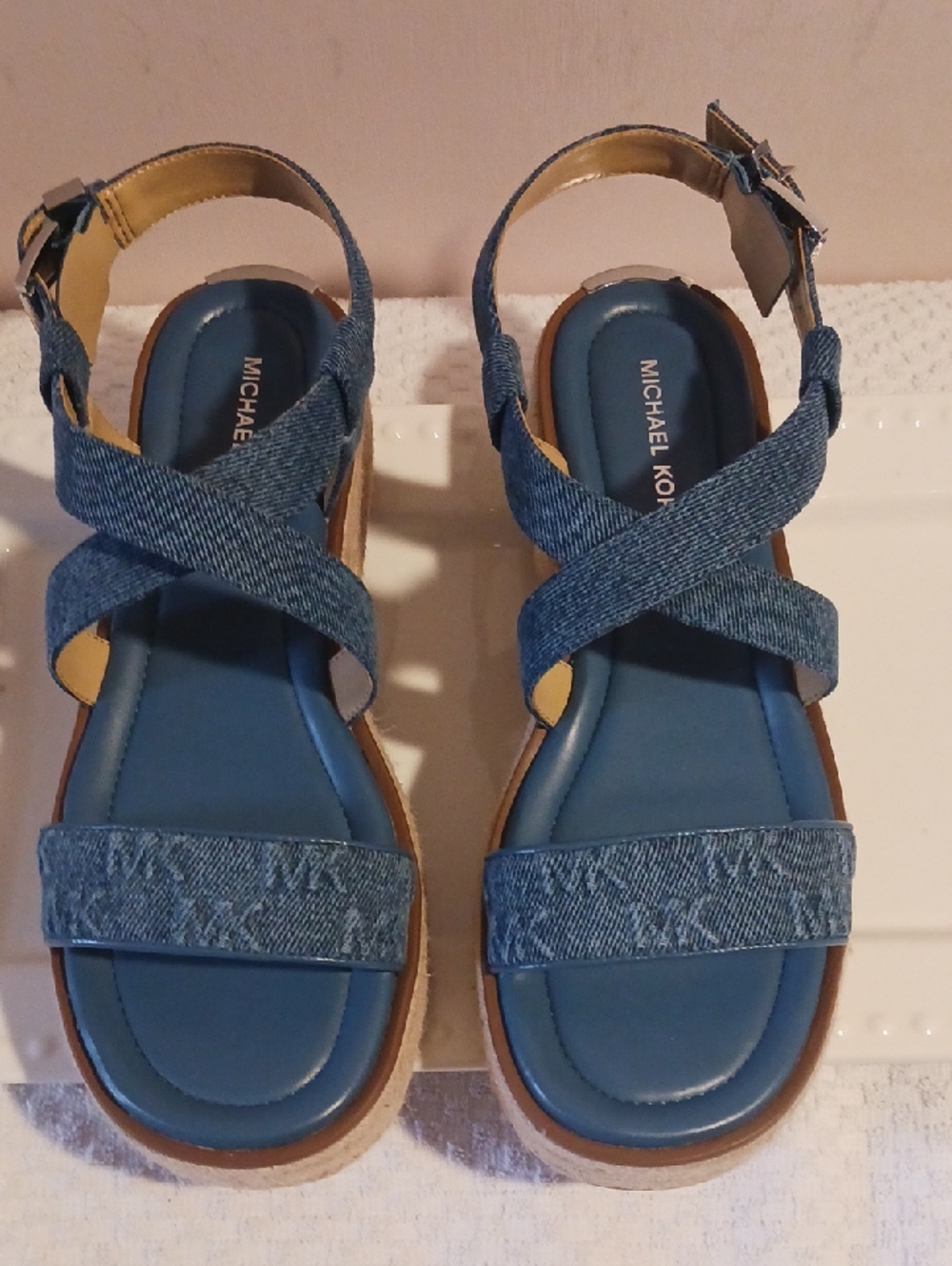 Michael Kors ⚜️ Rafia Platform Denim Crisscross Sandals -MK Silver Detail Design